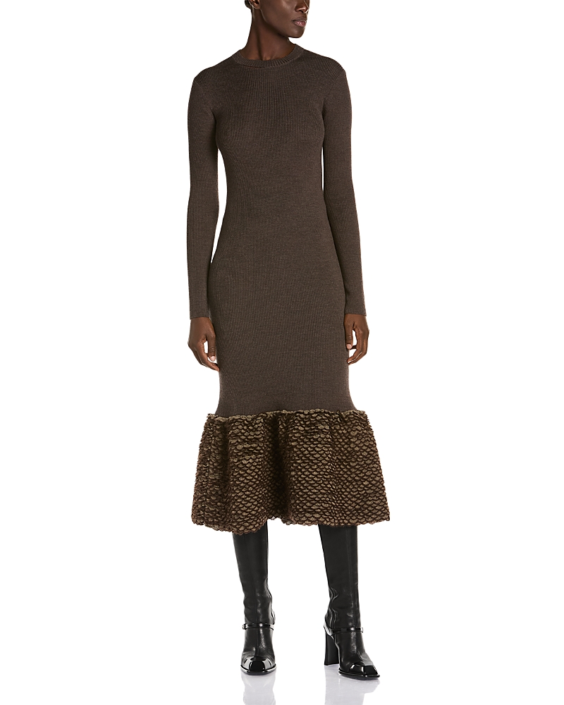Mcqueen Wool Blend Ribbed Feathery Hem Midi Dress