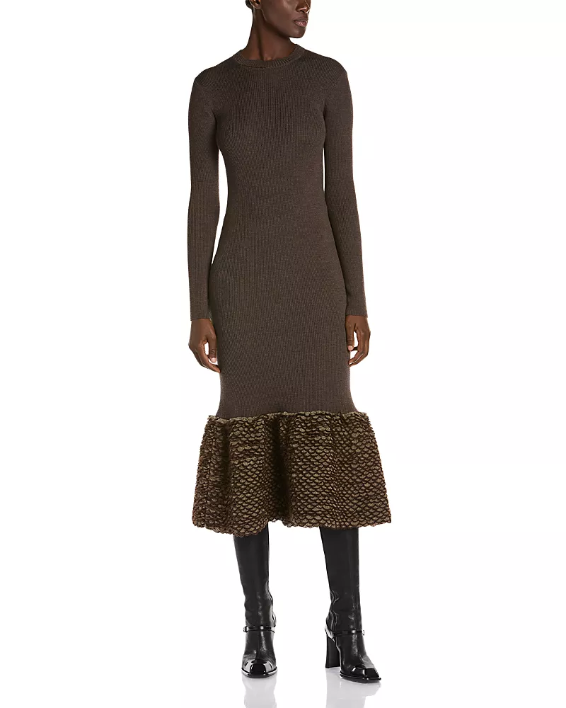 McQueen Wool Blend Ribbed Feathery Hem Midi Dress