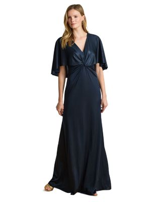 Metallic Jersey Twist Front Cape Gown