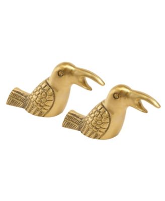  Lotus Brass Bird Decorative Object 2 Pcs Set, 3.5" x 1.2" x 2"