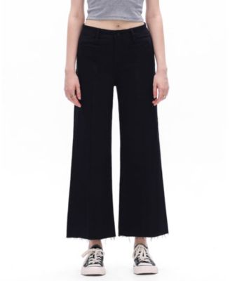  High Rise Wide Leg Vertical Front Seam Raw Hem Denim Jeans in Black