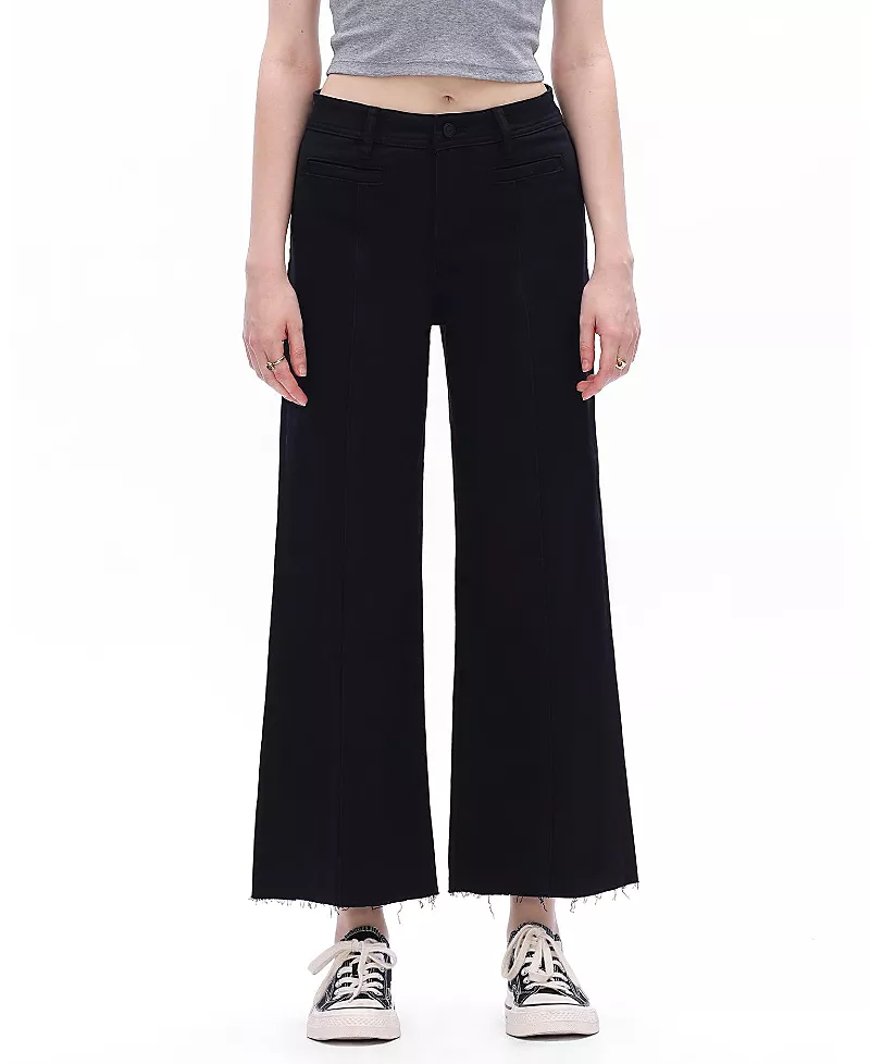 Bayeas High Rise Wide Leg Vertical Front Seam Raw Hem Denim Jeans in Black