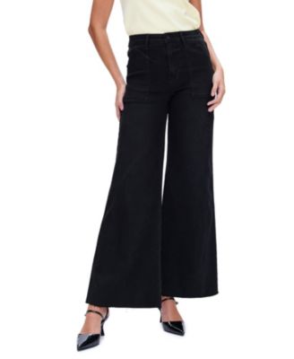  Embroidered High Rise Wide Leg Raw Hem Denim Jeans in Black Rock