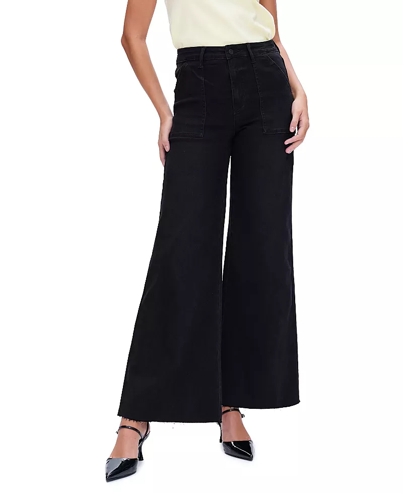 Bayeas Embroidered High Rise Wide Leg Raw Hem Denim Jeans in Black Rock