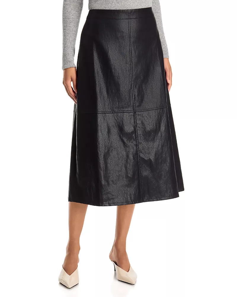 Single Thread Faux Leather Seamed Midi Skirt