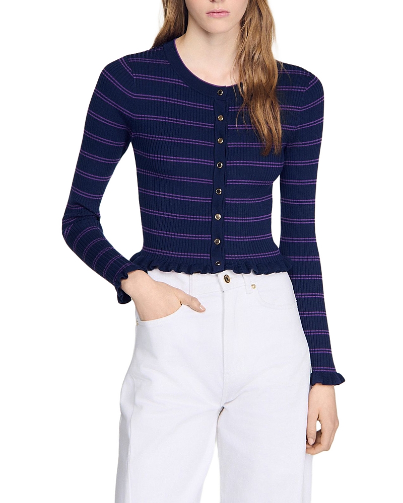 Sandro Reanne Ruffled Striped Knit Cardigan