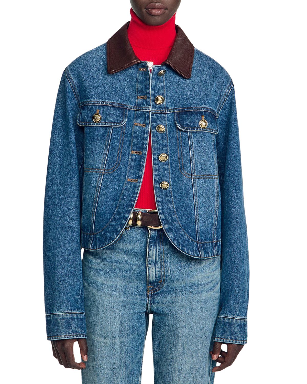 Sandro Benjamin Leather Collar Denim Jacket