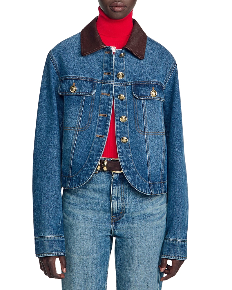 SANDRO BENJAMIN LEATHER COLLAR DENIM JACKET