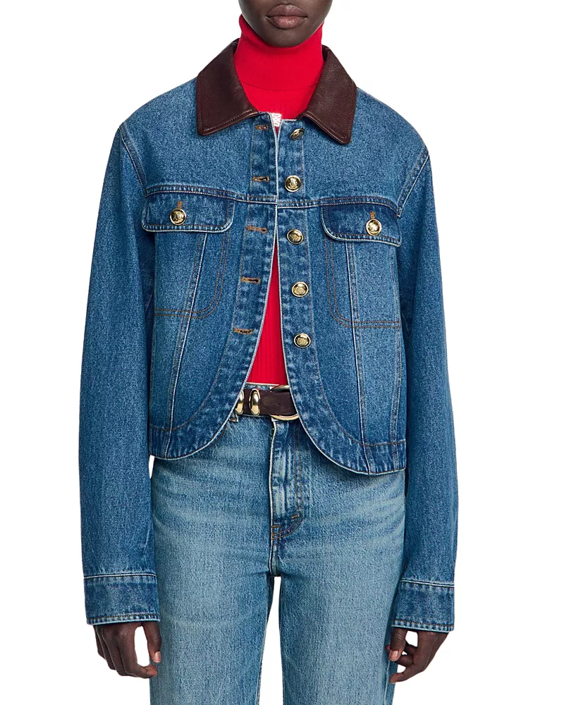 Sandro Benjamin Leather Collar Denim Jacket