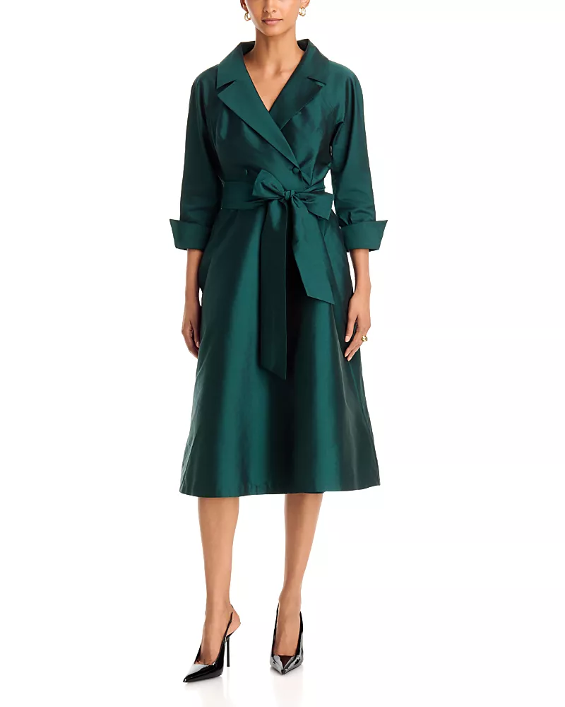 Teri Jon by Rickie Freeman Taffeta Knotch Collar Belted Shirt Dress