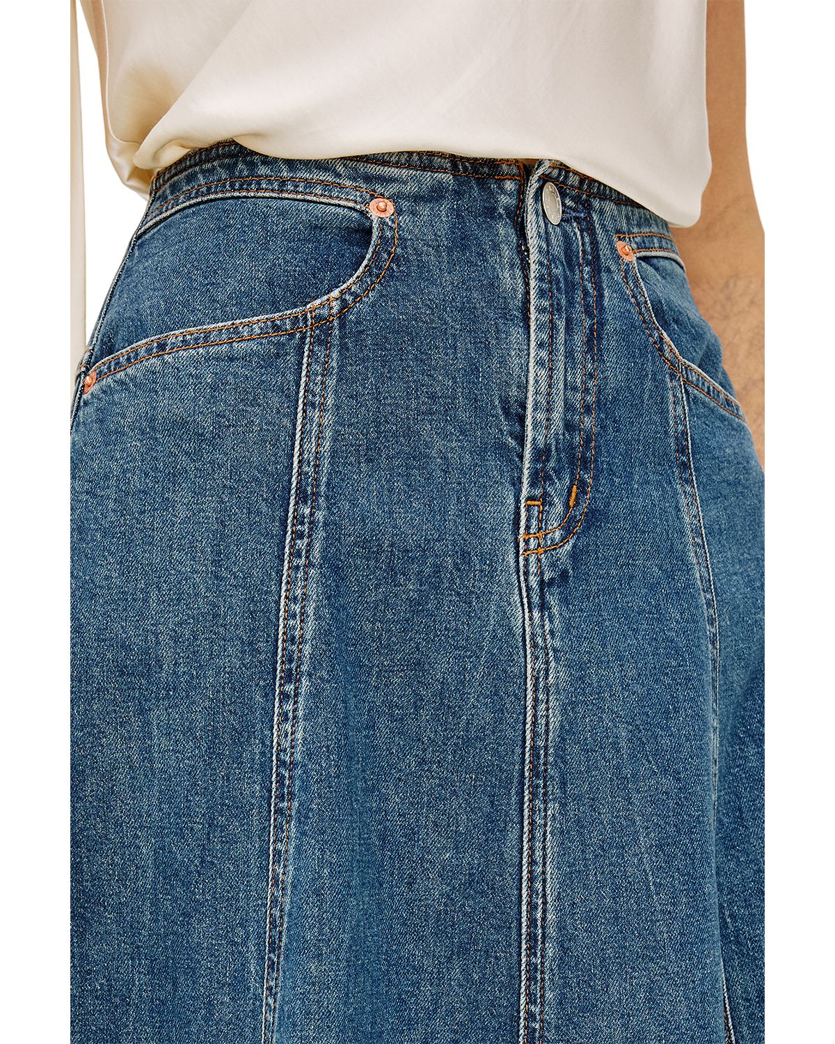 Vicente Cotton Stretch A Line Midi Jean Skirt in Meadowbrook thumbnail 6