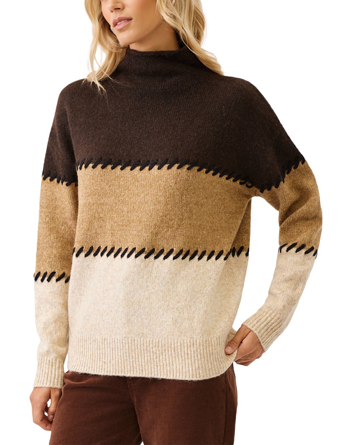 Contrast Stitch Mock Neck Colorblock Sweater