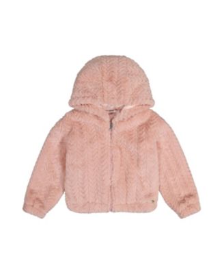 Girls' Faux Fur Hooded Chevron Texture Zip Cardigan - Little Kid