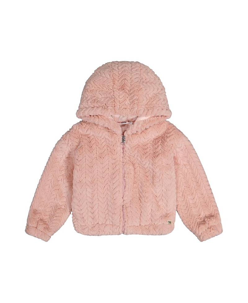Deux par Deux Girls' Faux Fur Hooded Chevron Texture Zip Cardigan - Little Kid