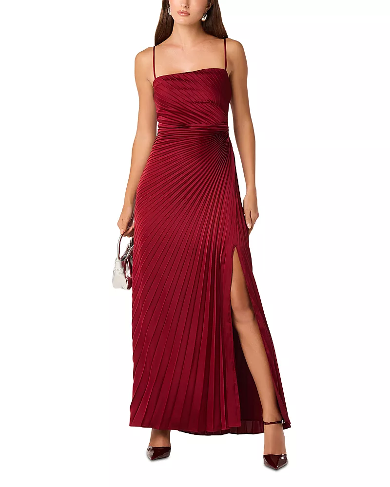 Astr the Label Paulette Pleated Satin Maxi Dress