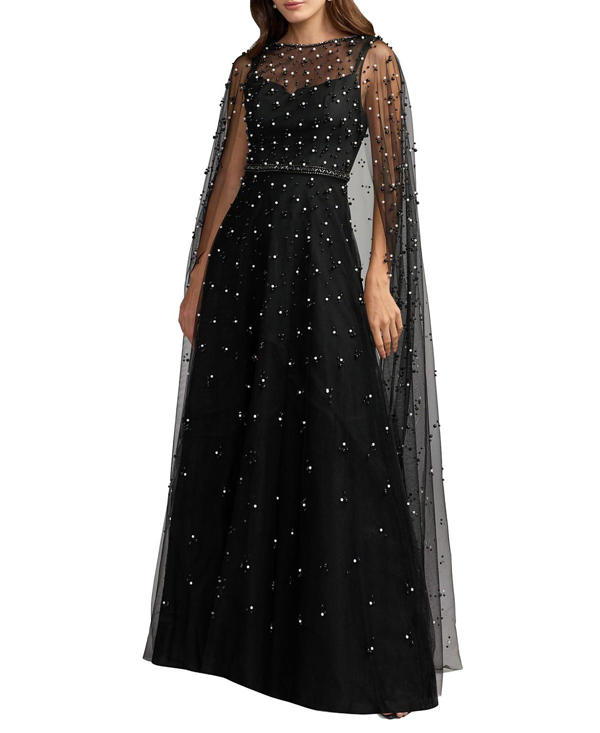 Mac Duggal Pearl Embellished Tulle A-Line Gown With Cape