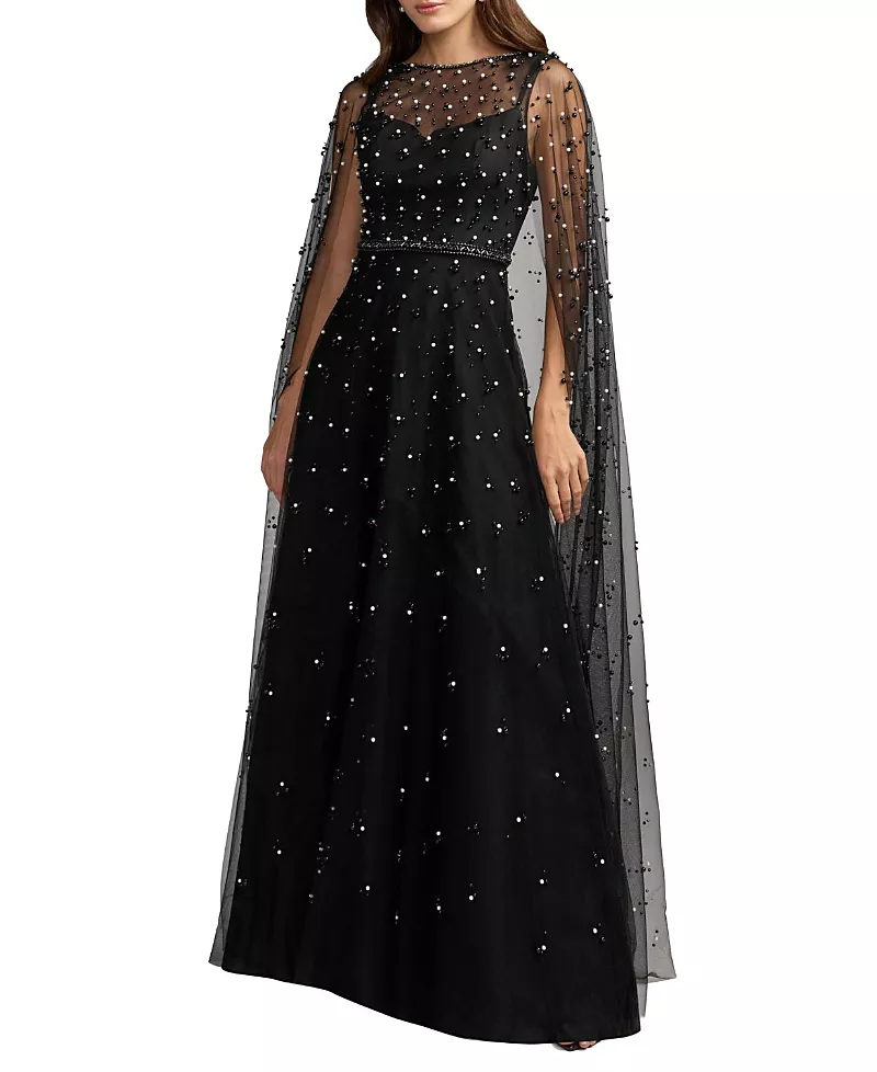 Mac Duggal Pearl Embellished Tulle A-Line Gown With Cape