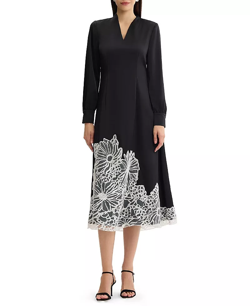Misook Fit & Flare Lace Crepe de Chine Maxi Dress