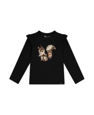 Girls' Organic Cotton Sequin Squirrel Ruffle Shoulder T-Shirt - Little Kid