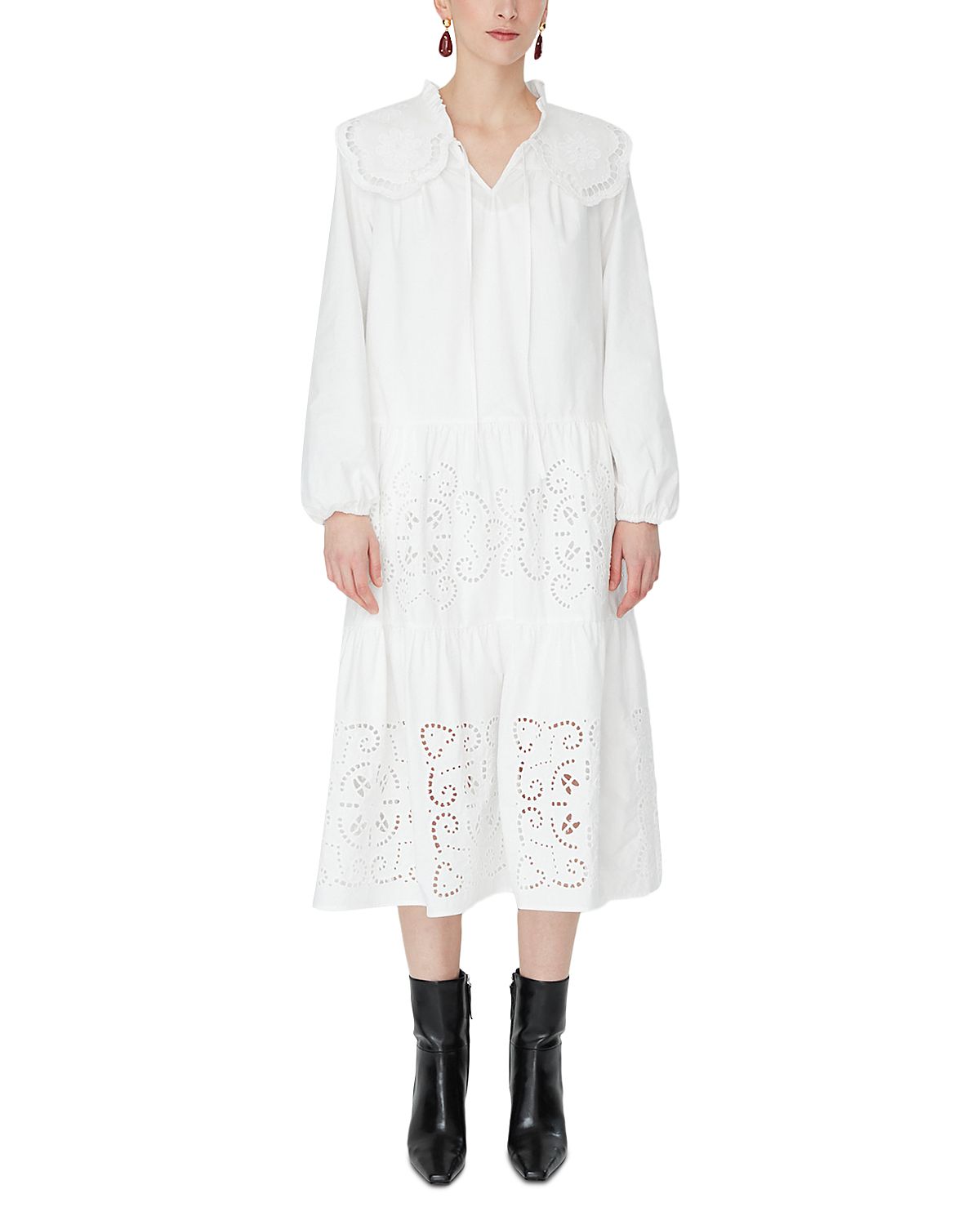 Jovonna London Cotton Eyelet V Neck Midi Dress