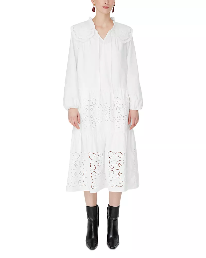 Jovonna London Cotton Eyelet V Neck Midi Dress