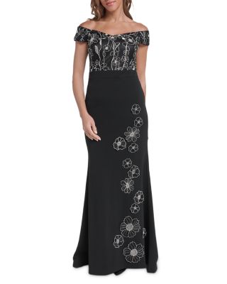 Eliza J Embroidered Off-The-Shoulder Gown