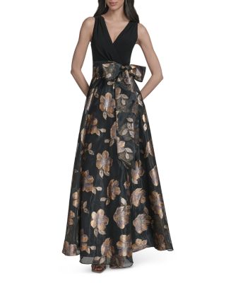 Mixed Media Tie Waist Ball Gown 
