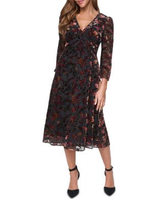 Embroidered V Neck A Line Midi Dress