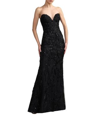 Floral Beaded Mesh Strapless Column Gown