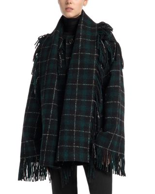 Wool Blend Fringe Trim Scarf Collar Jacket 