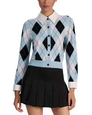Dollie Argyle Woven Collar Wool Blend Cardigan Sweater