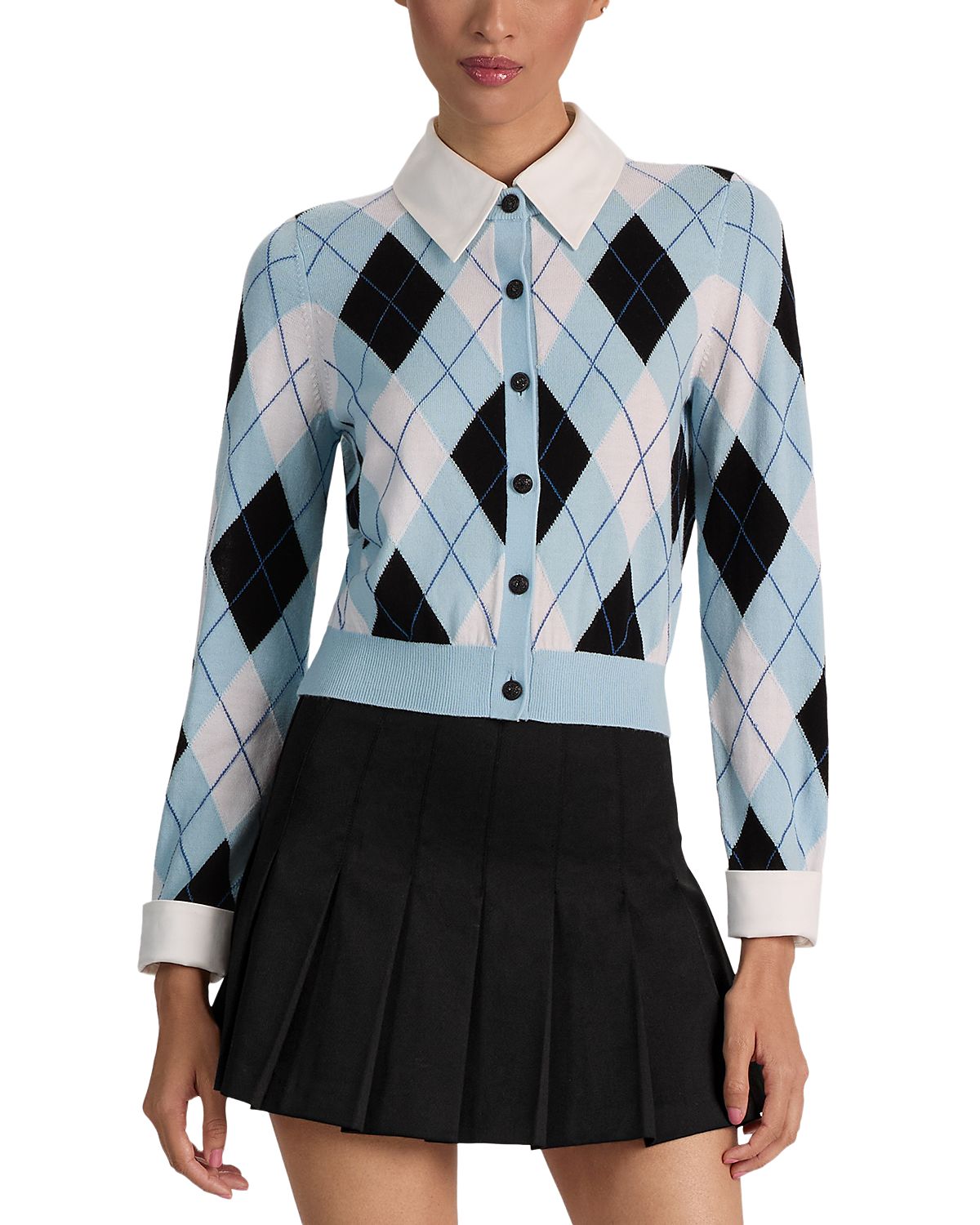 Alice and Olivia Dollie Argyle Woven Collar Wool Blend Cardigan Sweater