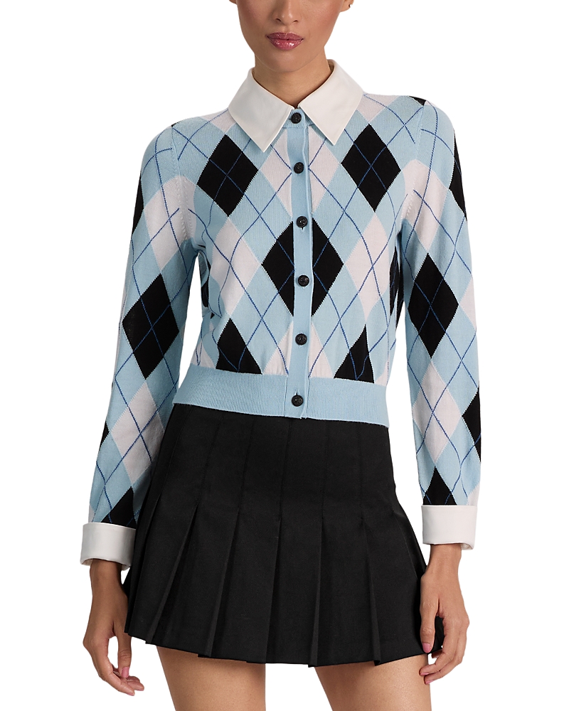 Alice and Olivia Dollie Argyle Woven Collar Wool Blend Cardigan Sweater