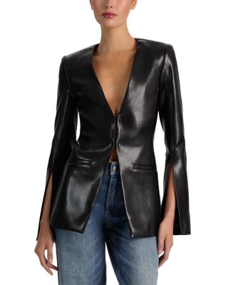 Alice And Olivia Venita Faux Leather Slim Fit Collarless Blazer In Black