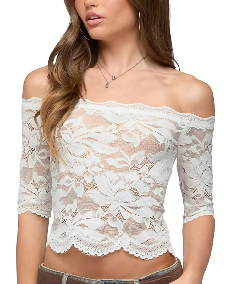 Edikted Dyna Off Shoulder Sheer Lace Top