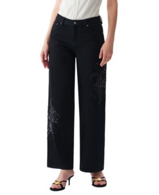  Floral Cutout Embroidered High Rise Wide Leg Denim Jeans in Black