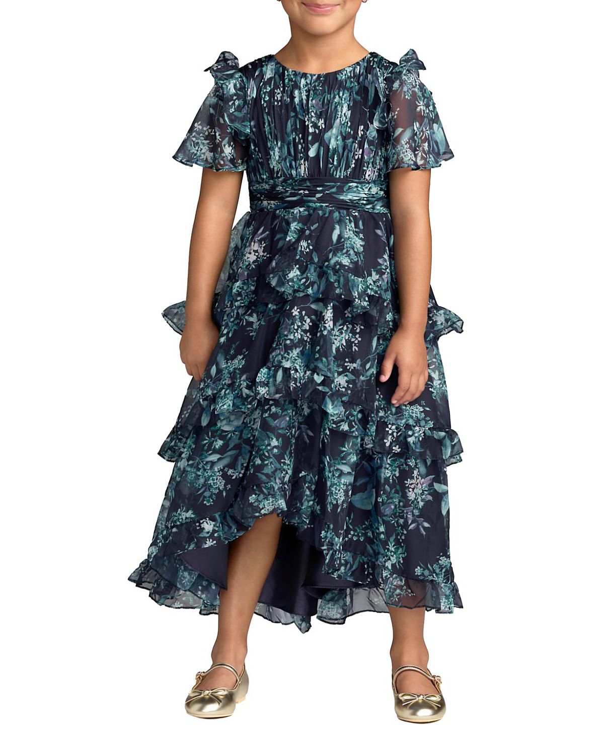 Mac Duggal Girls' High Neck Ruffle High Low Chiffon Gown - Little Kid, Big Kid