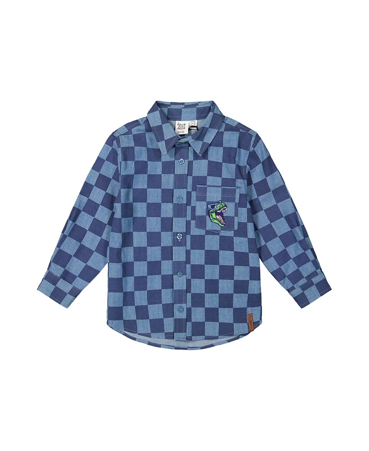 Deux par Deux Boys' Checkered Dino Embroidered Chest Pocket Chambray Shirt - Little Kid, Big Kid