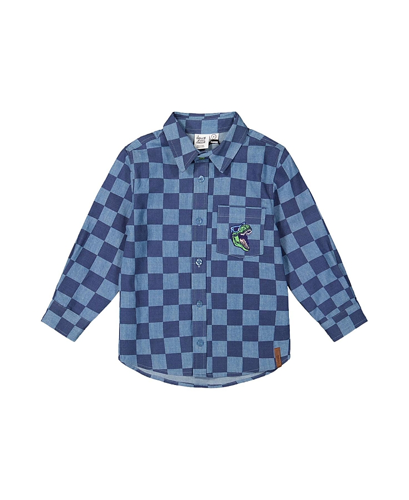 Deux par Deux Boys' Checkered Dino Embroidered Chest Pocket Chambray Shirt - Little Kid