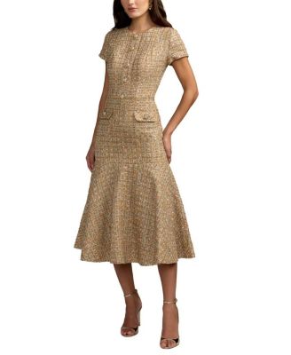  High Neck Short Sleeve Boucle Midi Dress