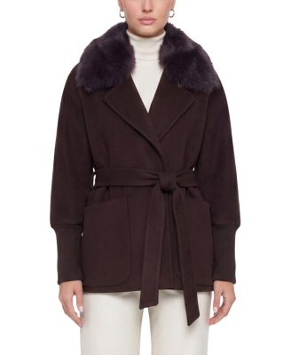  Fabric Jacket with Detachable Shearling Lamb Collar, Belt