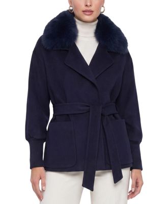  Fabric Jacket with Detachable Shearling Lamb Collar, Belt