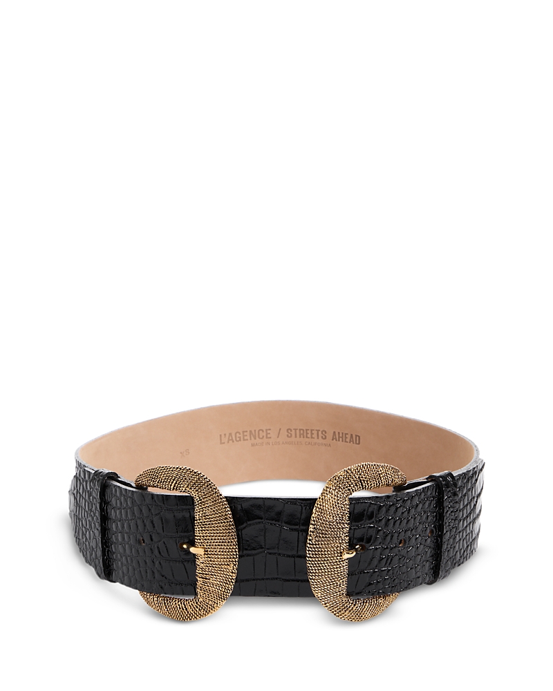 L'Agence Women's Rooney Double Buckle Embossed Leather Belt
