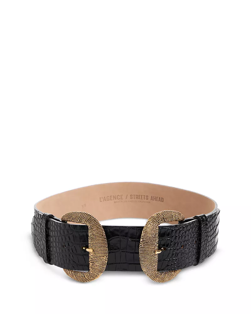 L'Agence Women's Rooney Double Buckle Embossed Leather Belt