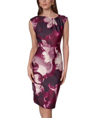 Asymmetric Neck Floral Print Sheath Dress