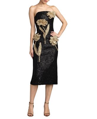  Strapless Fitted Sequin Midi Dress With 3D Flowers