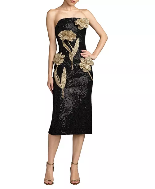 Strapless Fitted Sequin Midi Dress With 3D Flowers