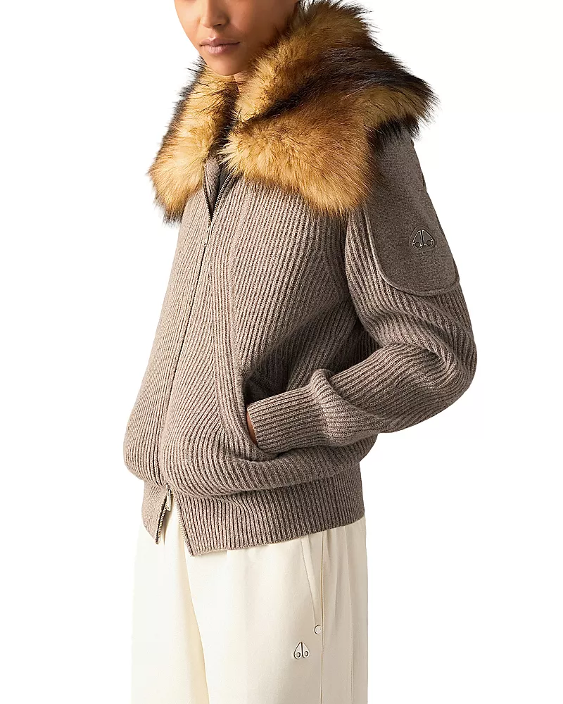 Moose Knuckles Corina Faux Fur Collar Wool Zip Sweater