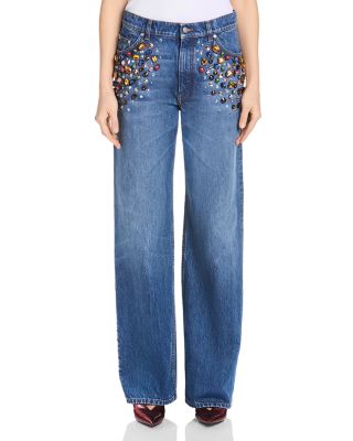 Crystal Embellished Straight Jeans in Mid Blue Vintage