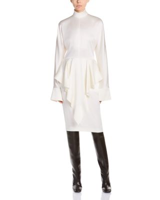 High Neck Ruffle Drape Satin Midi Dress